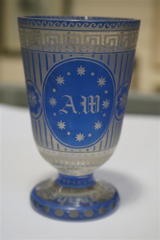 A Bohemian blue overlay glass goblet, c.1860, height 4in.